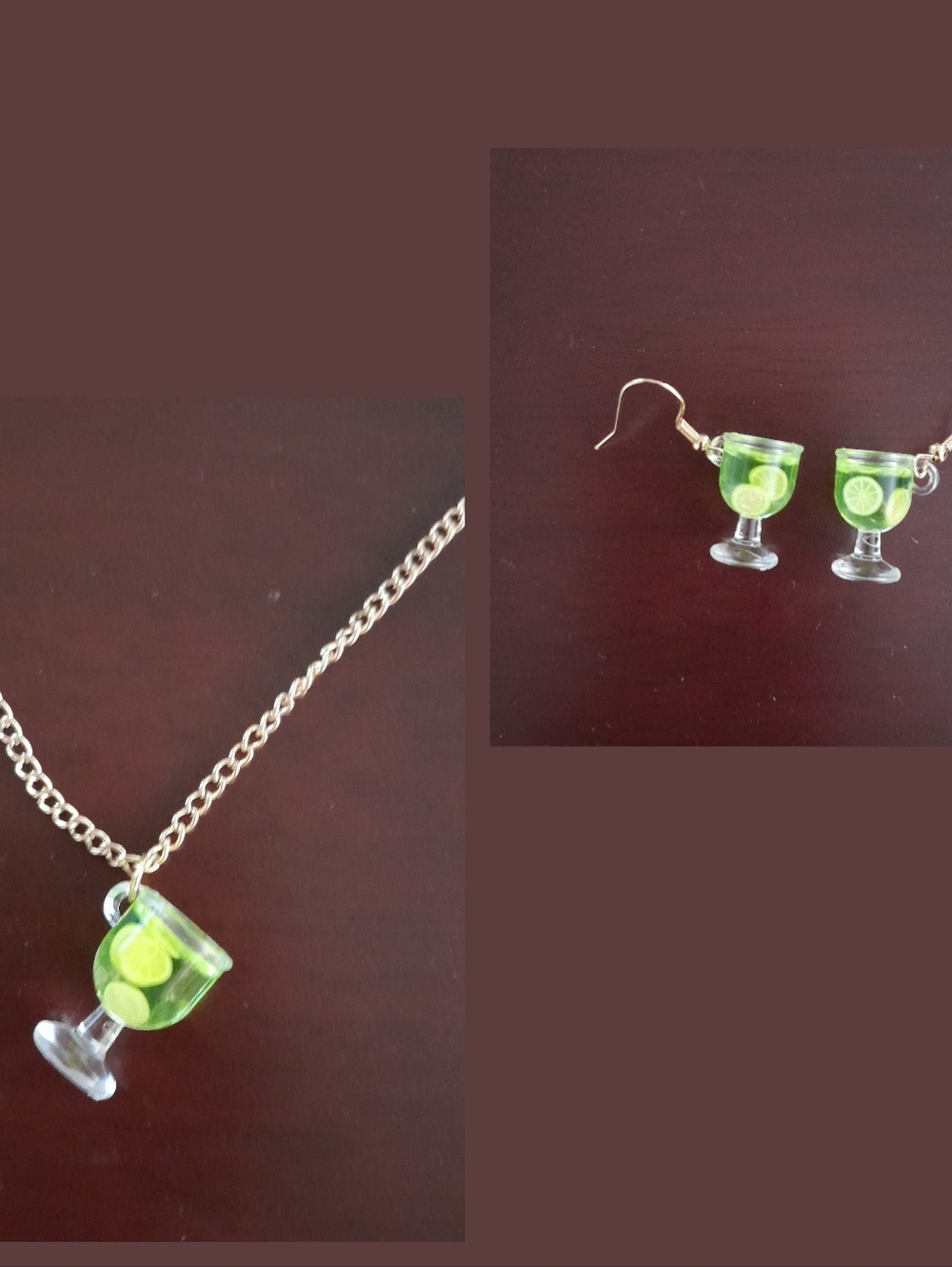 Green Lime Cocktail Glass Necklace and Earring Set
